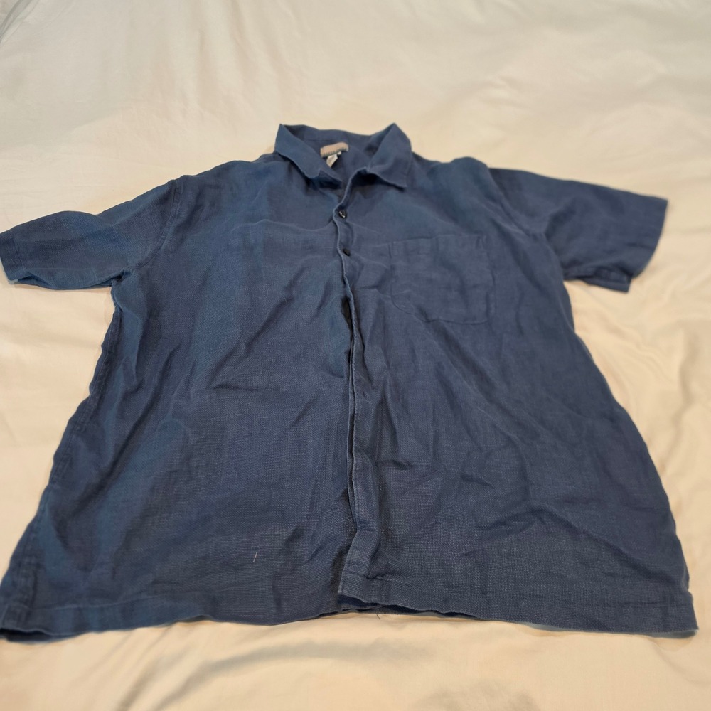 Breakwater Linen Button Down Shirt Mens XL Blue Excellent Short Sleeve Textured